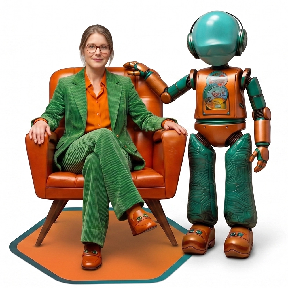 Bot de IA en oficina retro-futurista de Not a Bot Agency. Talento IT Remoto.