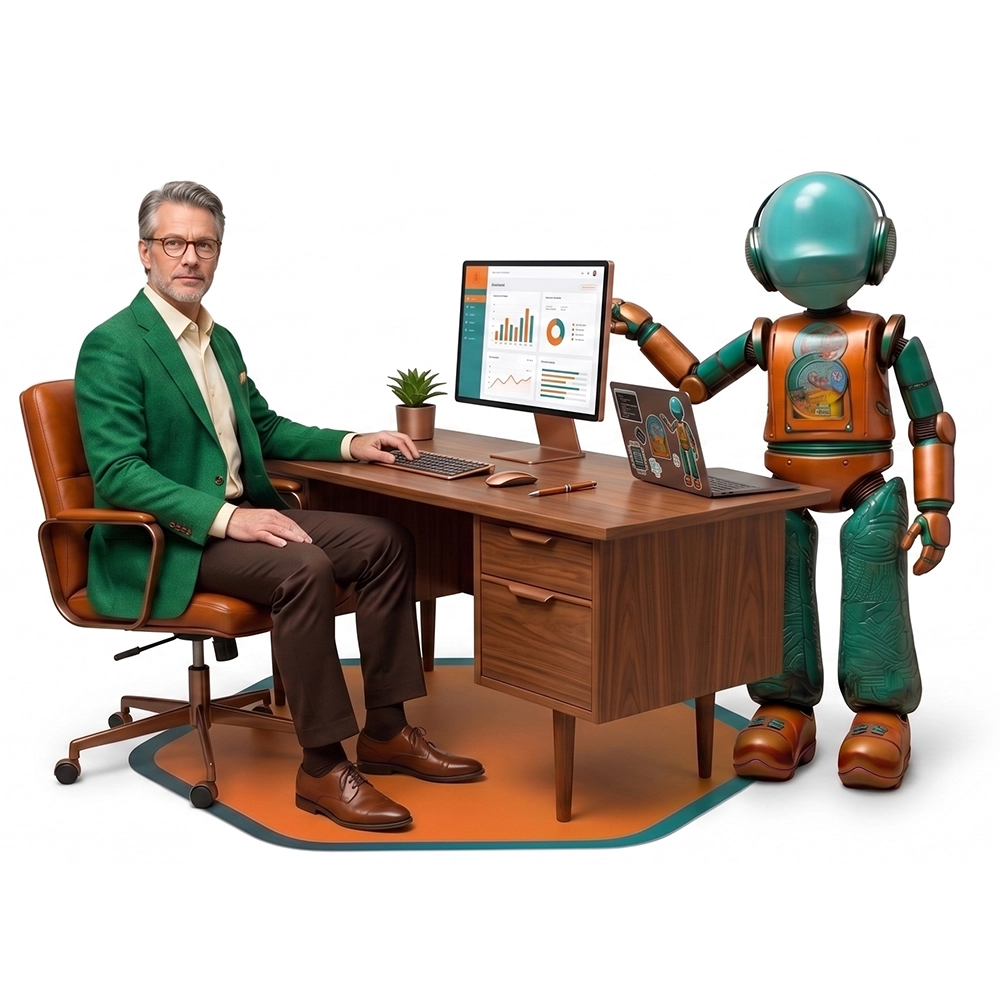 Bot de IA en oficina retro-futurista de Not a Bot Agency. Talento IT Remoto.